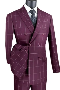 Naples Collection - Wine Modern Fit Double Breasted Windowpane Peak Lapel 2 Piece Suit