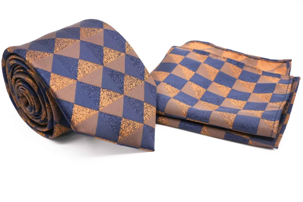 Navy and Gold Checkered Pattern Men's Tie and Pocket Square Set
