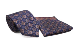 Navy Brown Geometric Pattern Tie and Pocket Square Set