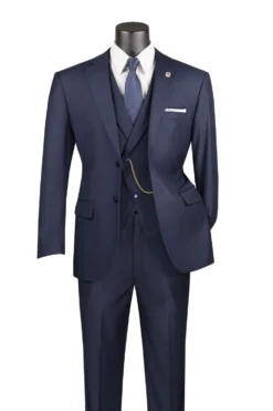 Navy Modern Fit 3 Piece Suit with Vest and Adjustable Waistband Pants
