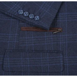 Navy Regular Fit 2 Button Plaid Blazer with Bib