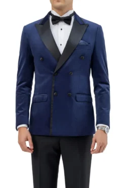 Navy Slim Fit Double Breasted Velvet Jacket