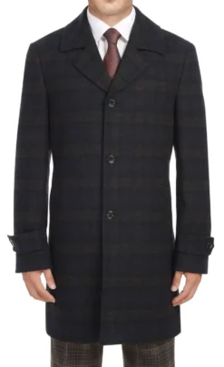 Navy Slim Fit Wool Blended Long Overcoat
