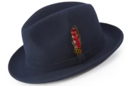 Navy Wool Felt Dress Hat Center Crease Stingy Snap Brim