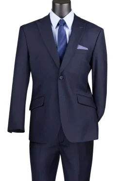 Navy Modern Fit 2 Piece Suit Textured Solid with Peak Lapel