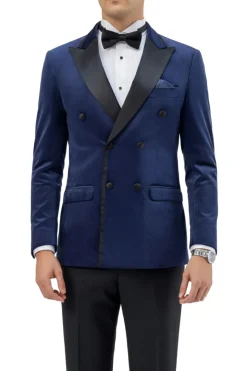 Navy Slim Fit Double Breasted Velvet Jacket