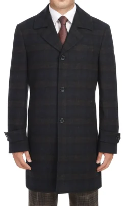 Navy Slim Fit Wool Blended Long Overcoat