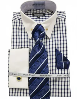Navy Windowpane French Cuff Dress Shirt Set