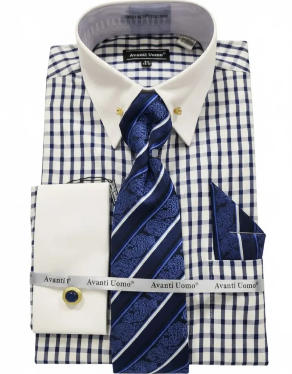Navy Windowpane French Cuff Dress Shirt Set