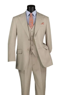 Oatmeal Regular Fit 3 Piece Suit with Vest and Adjustable Waistband Pants