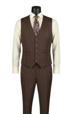 Odyssey Collection - Brown Regular Fit Bold Stripes 3-Piece Suit With Adjustable Waistband Pants