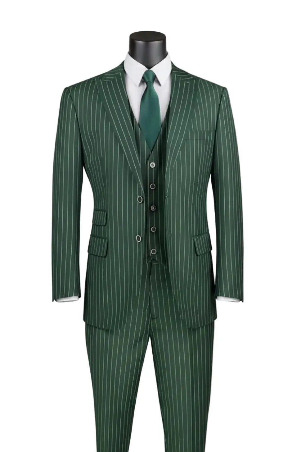 Odyssey Collection - Hunter Green Regular Fit Bold Stripes 3-Piece Suit With Adjustable Waistband Pants