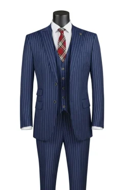 Odyssey Collection - Blue Regular Fit Bold Stripes 3-Piece Suit With Adjustable Waistband Pants