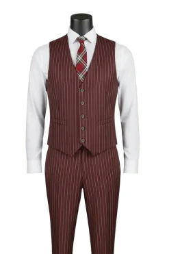 Odyssey Collection - Burgundy Regular Fit Bold Stripes 3-Piece Suit With Adjustable Waistband Pants