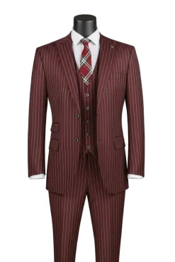Odyssey Collection - Burgundy Regular Fit Bold Stripes 3-Piece Suit With Adjustable Waistband Pants