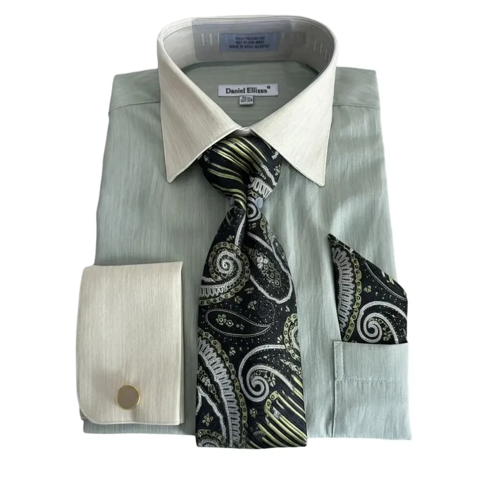Olive Textured French Cuff Dress Shirt Set