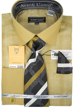 Olive Plaid French Cuff Dress Shirt Set with Cuff Links, Tie and Pocket Square
