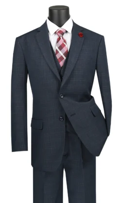 Olympia Collection - Glen Plaid Regular Fit Suit 3 Piece Navy Blue