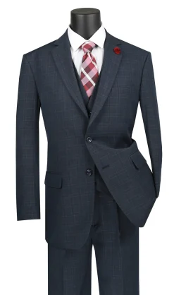 Olympia Collection - Glen Plaid Regular Fit Suit 3 Piece Navy Blue