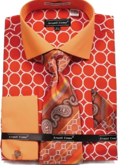 Orange Circle Print French Cuff Dress Shirt Set