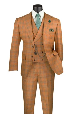 Orange Modern Fit Windowpane Peak Lapel 3 Piece Suit
