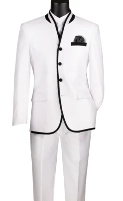 Oriental Collection - Banded Collar Slim Fit Suit Shiny Sharkskin 2 Piece White