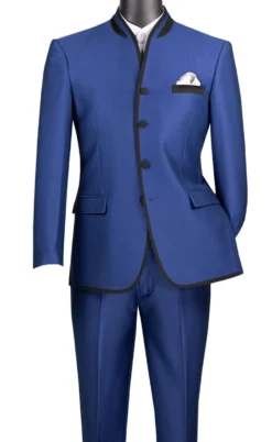 Oriental Collection - Banded Collar Slim Fit Suit Shiny Sharkskin 2 Piece Blue