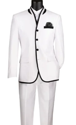 Oriental Collection - Banded Collar Slim Fit Suit Shiny Sharkskin 2 Piece White