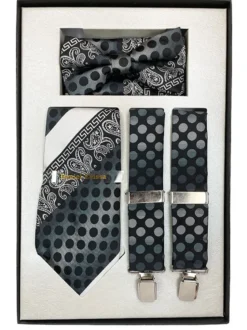Paisley and Dotted Mixed Pattern Men's Accessory Box Bow Tie, Necktie, Pocket Square, Suspender 4 Piece Set