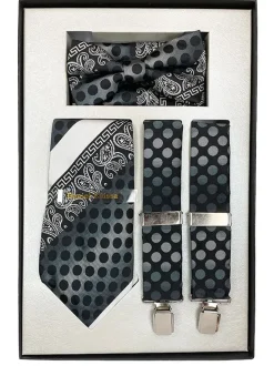Paisley and Dotted Mixed Pattern Men's Accessory Box Bow Tie, Necktie, Pocket Square, Suspender 4 Piece Set
