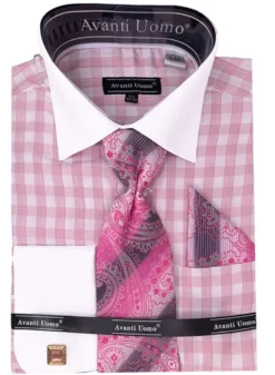 Pink Check Dress Shirt Set with French Cuff