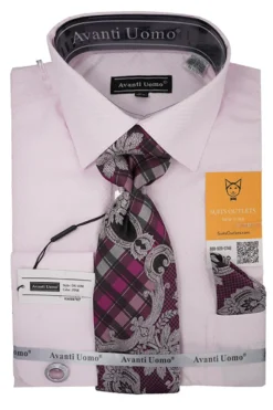 Pink Mini-Check French Cuff Dress Shirt Set with Tie, Cuff Links and Pocket Square