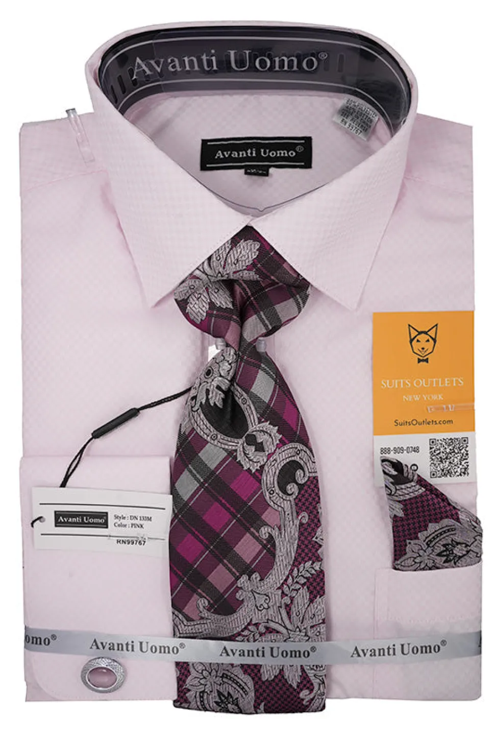 Pink Mini-Check French Cuff Dress Shirt Set with Tie, Cuff Links and Pocket Square