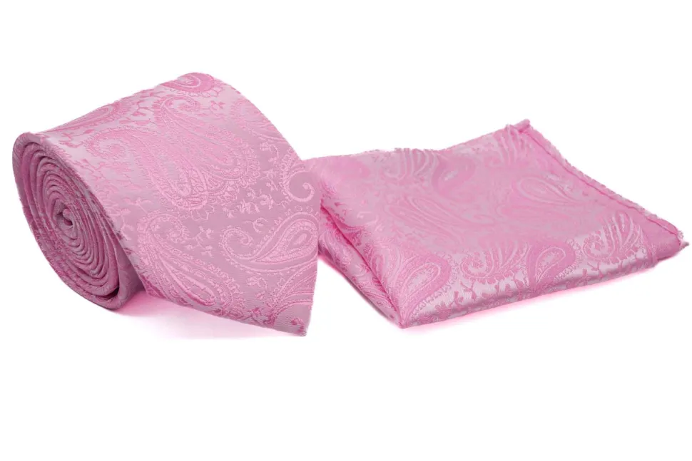 Pink White Paisley Pattern Men's Tie and Pocket Square Set