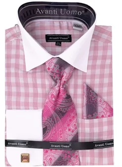 Pink Check Dress Shirt Set with French Cuff