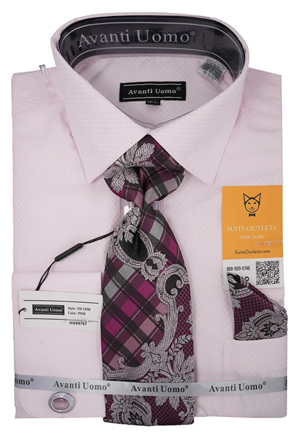 Pink Mini-Check French Cuff Dress Shirt Set with Tie, Cuff Links and Pocket Square