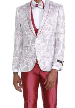 Pink Slim Fit Tuxedo 4 Piece Floral Pattern with Bow Tie
