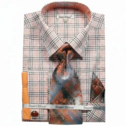 Plaid French Cuff Dress Shirt Set - Black/Orange
