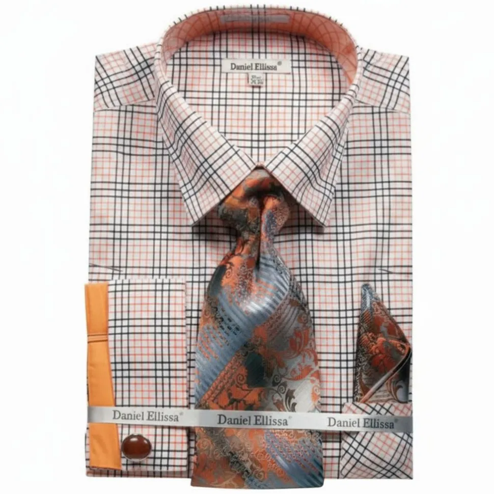 Plaid French Cuff Dress Shirt Set - Black/Orange
