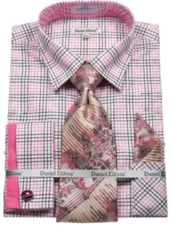 Plaid French Cuff Dress Shirt Set - Black/Fuchsia