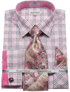 Plaid French Cuff Dress Shirt Set - Black/Fuchsia