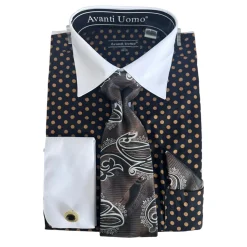 Polka Dot Design French Cuff Dress Shirt Set - Black/Taupe