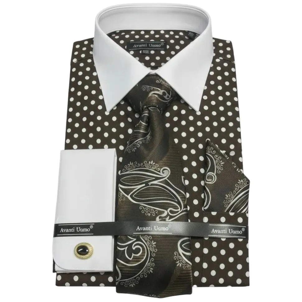 Polka Dot Design French Cuff Dress Shirt Set - Brown