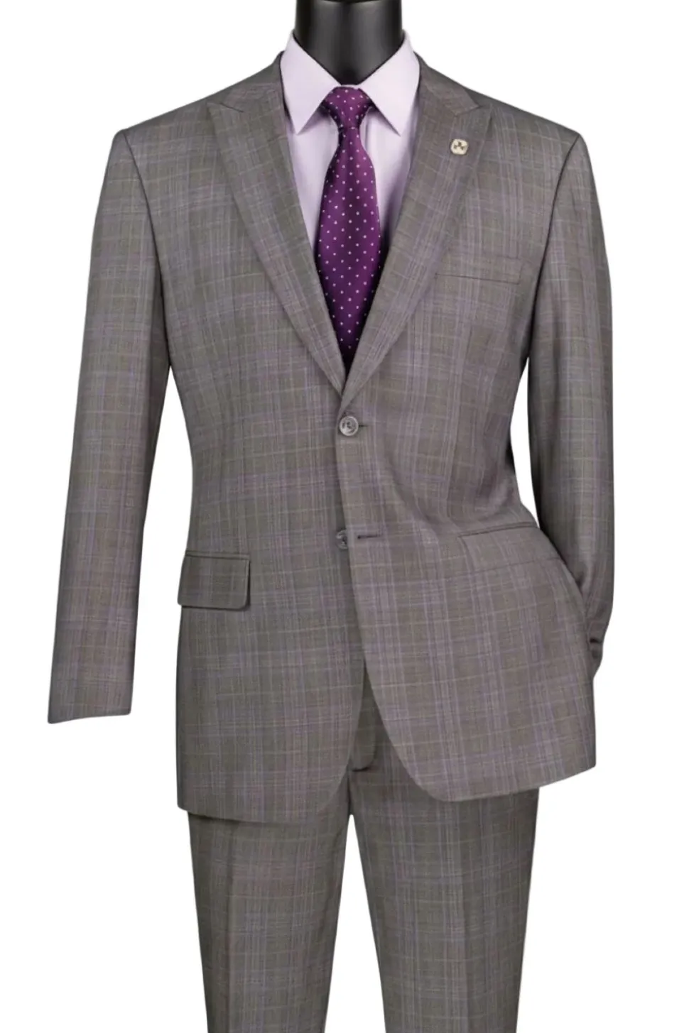 Pompey Collection - Men's Glen Plaid Dress Suit 2 Piece Regular Fit in Gray