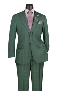 Pompey Collection - Men's Glen Plaid Dress Suit 2 Piece Regular Fit in Forest Green with Adjustable Waistband Pants