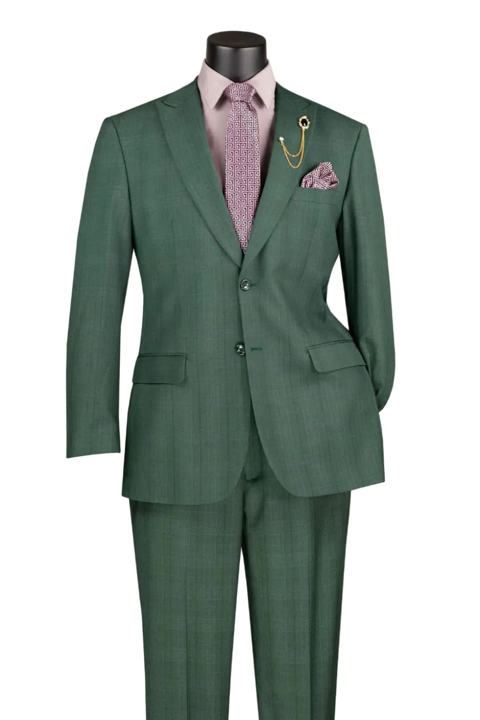 Pompey Collection - Men's Glen Plaid Dress Suit 2 Piece Regular Fit in Forest Green with Adjustable Waistband Pants