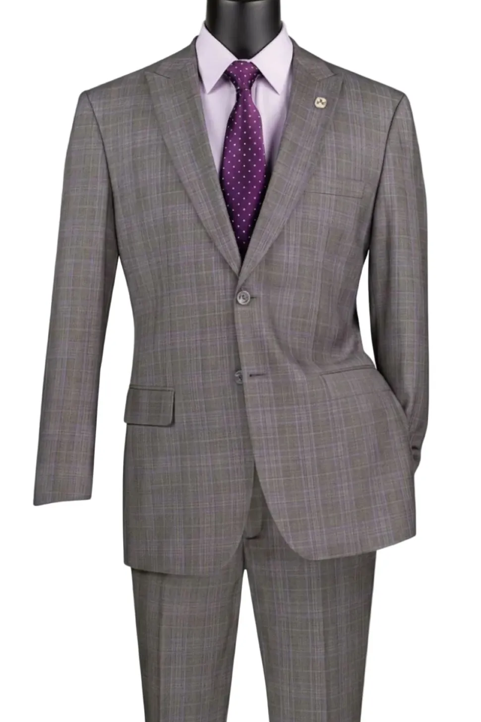 Pompey Collection - Men's Glen Plaid Dress Suit 2 Piece Regular Fit in Gray