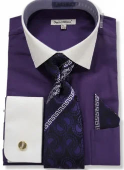 Purple Geometric Jacquard Pattern French Cuff Dress Shirt Set