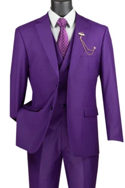 Purple Modern Fit 3 Piece Suit with Vest and Adjustable Waistband Pants