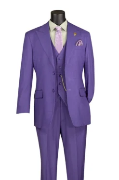 Purple Regular Fit 3 Piece Suit with Vest and Adjustable Waistband Pants
